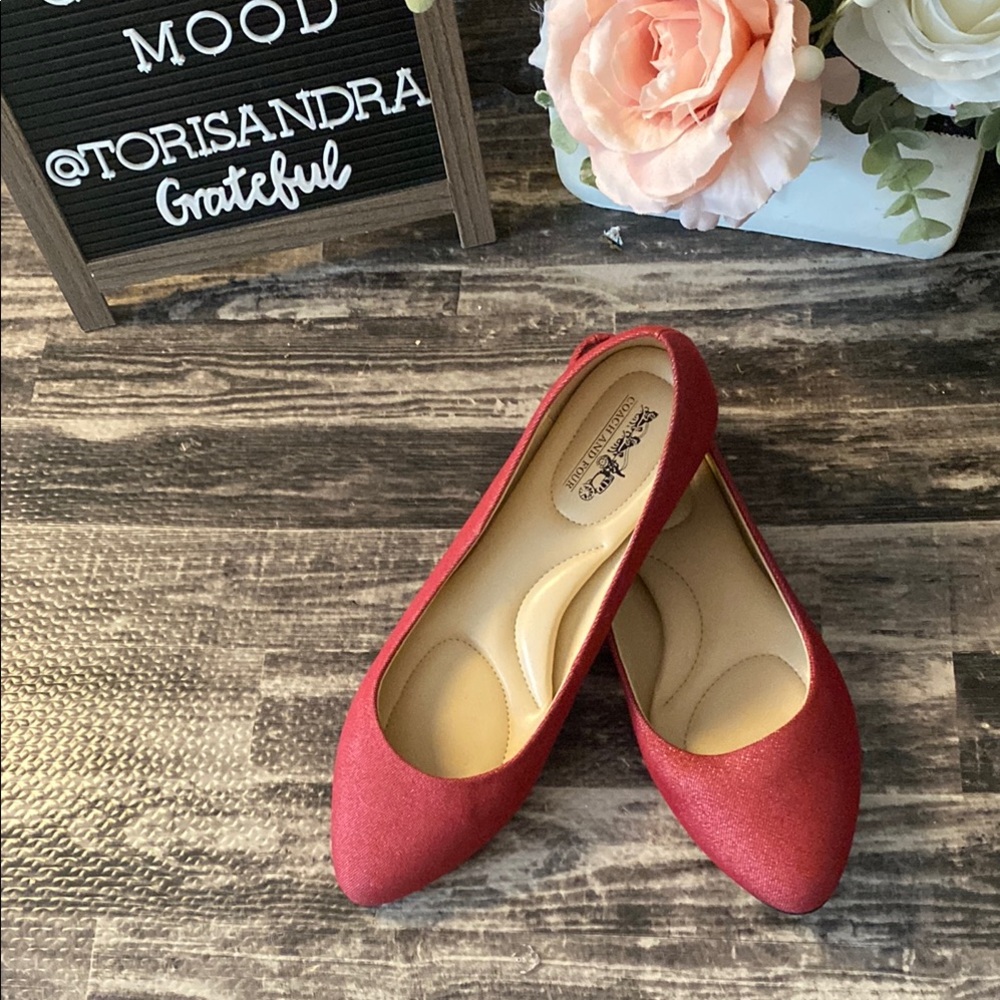 Coach and Four sparkle Red Ballet Flats with Pointed Toe cushioned insole